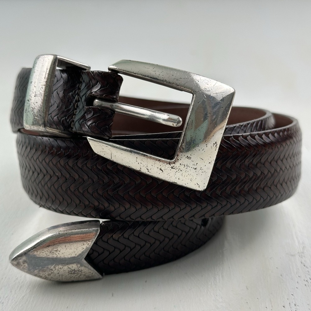 Onyx by Brighton Basketweave Leather Belt Tag 38 36 40 Western Tipped Brown USA